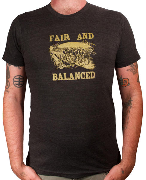 This t-shirt reads "Fair and Balanced" with an image of victorian bike riders
