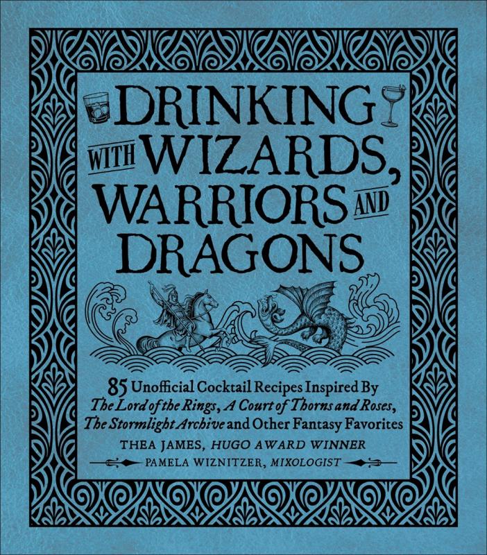Skeuomorphic blue leather background, with a woodcut inspired border, the center around the title features a horsebacked knight holding a lance next to a dragon, along with motifs of libations
