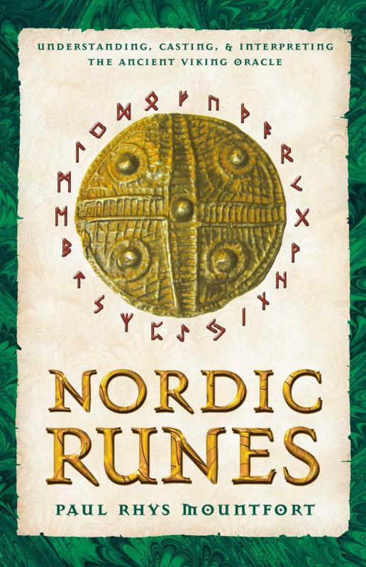 Over a skeuomorphic paper background with a wavy green border, the center shows a golden viking ornament, surrounded by the 24 "letters" of the runic "alphabet", under which are the title and author line.