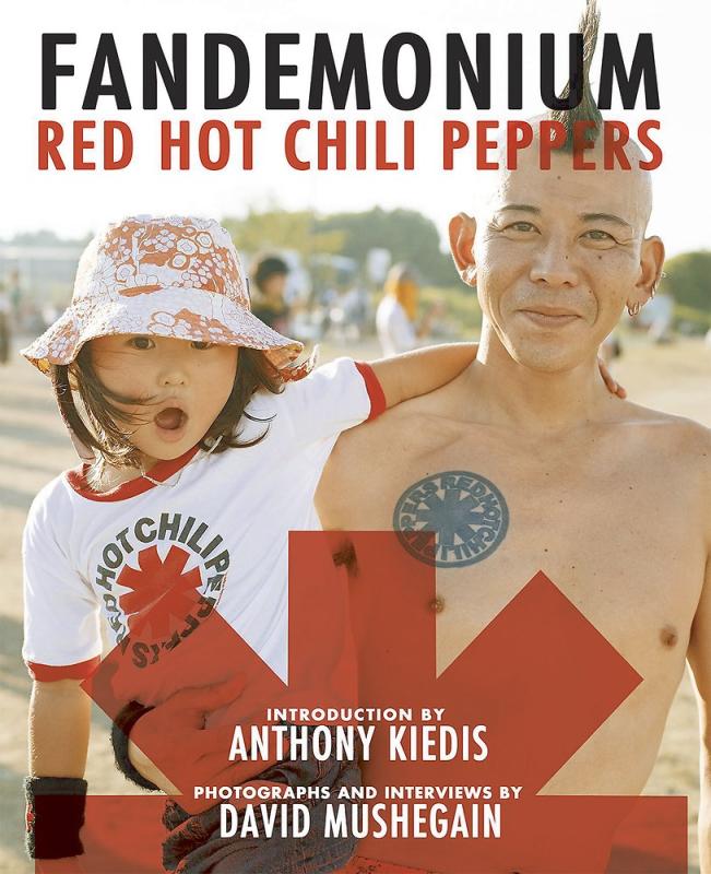 photo of shirtless Red Hot Chili Peppers fan, their child, and a RHCP logo title