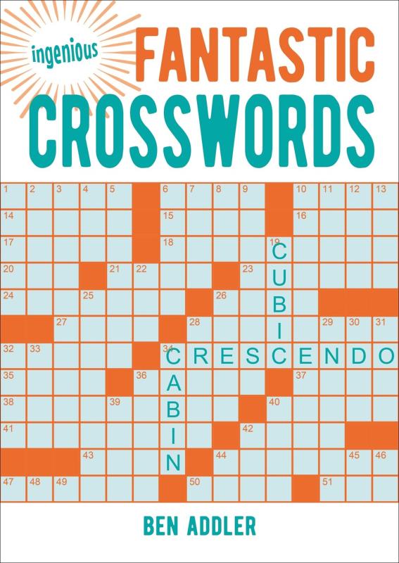 white cover with crossword grid with orange and blue text