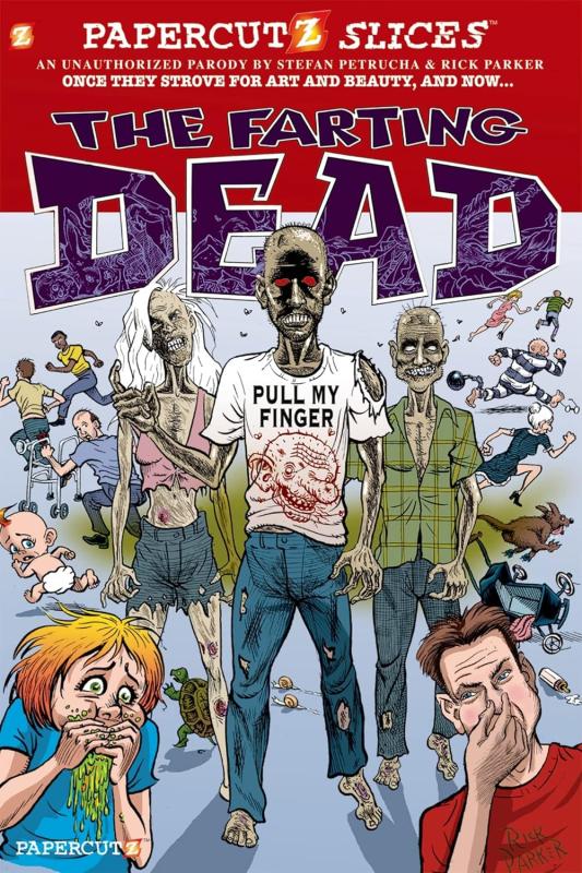 colorful illustration of people holding their noses from zombies