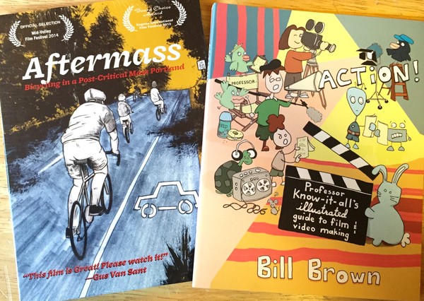 A cover of a DVD with people bicycling down the road and the cover of a book with illustrations of characters and animals making a movie