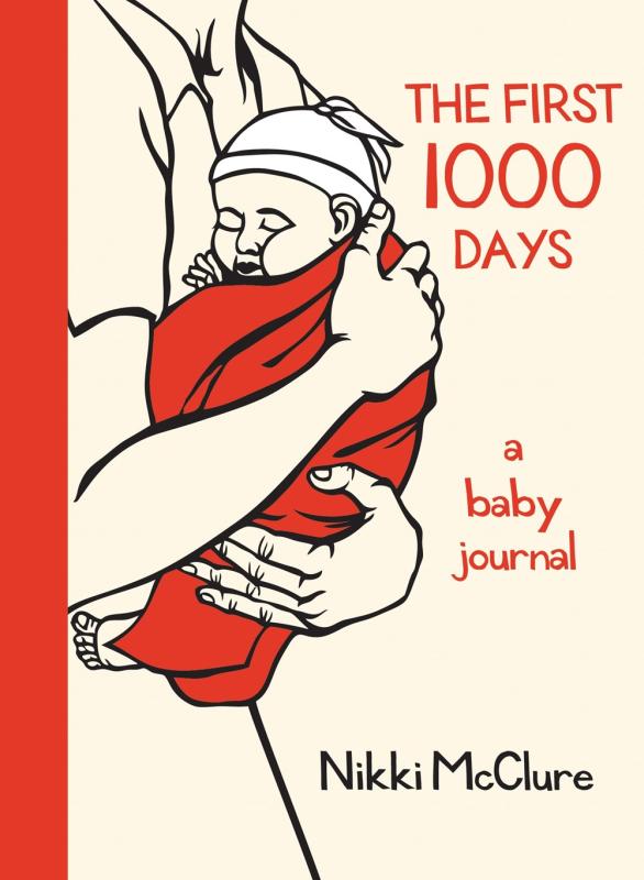 tan cover with red binding with red and black text with illustration of person holding a baby