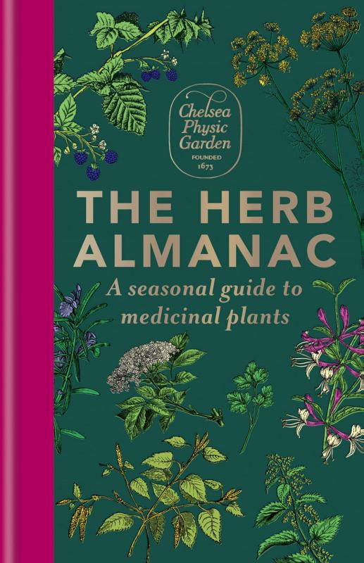 various illustrated plants on the cover with a pinkish red binding on the left hand side