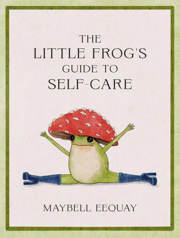 an illustration of a little mushroom-hatted frog in heeled boots, doing a split