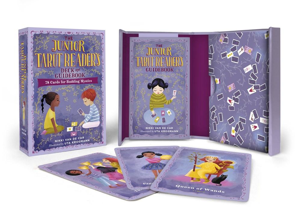 a light purple deck and box,with illustrations of kids doing a tarot spread