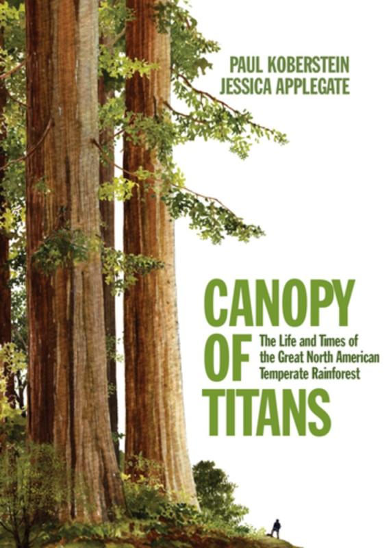 large trees on the left side of the cover, with a small silhouette of a person next to them for scale