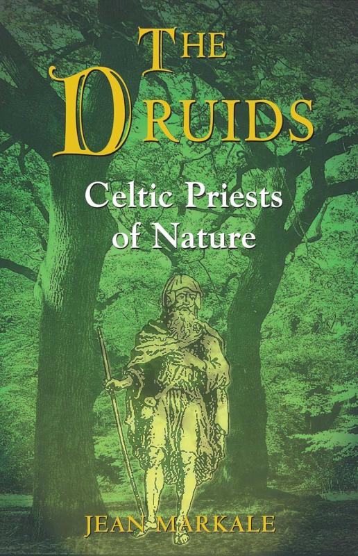 The drawing, figure of a Celtic druid holding a staff, superposed on a forested background, with an overlay of green, upon which title, subtitle, and author lines are.