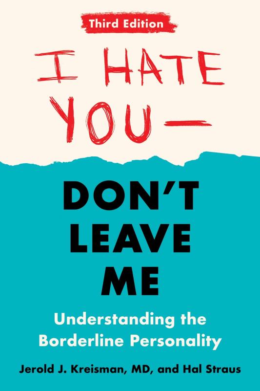 the top half of the cover is white with "i hate you" in red, the bottom half is blue with "don't leave me" in black