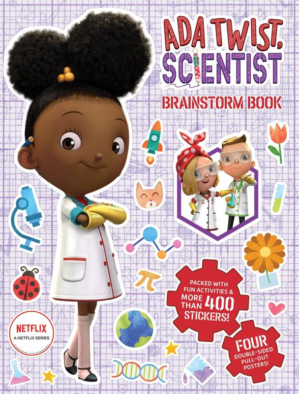 an image of a young Black girl with her hair in poofs, with stickers of science-y things