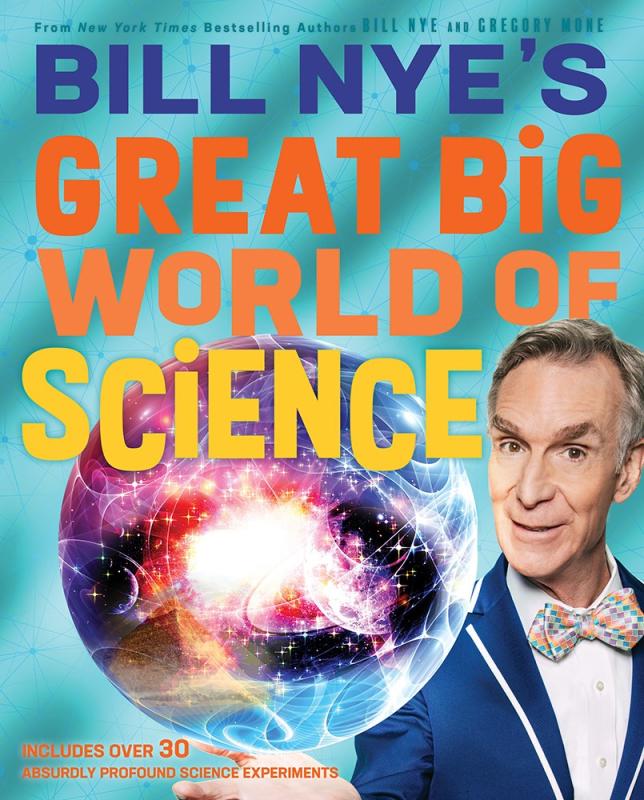 a photographic of Bill Nye, with an astral sea in a globe