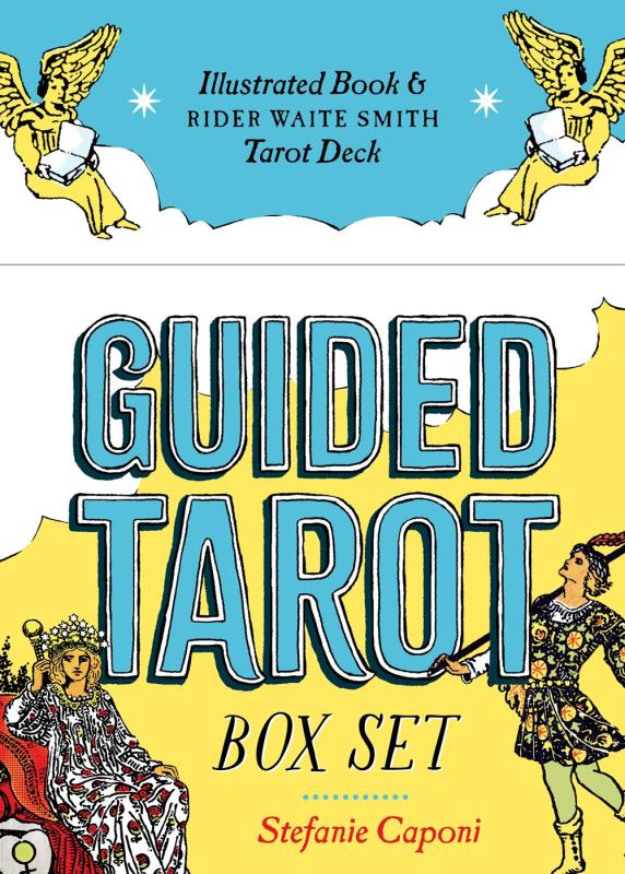 illustrations from the Rider Waite Smith tarot on a yellow, blue, and white background