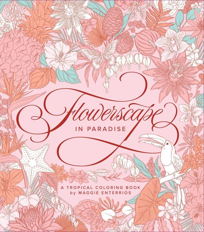 Calligraphic title in the center surrounded by flower motifs, a toucan, starfish, and butterfly, in a pinkish sepia color scheme