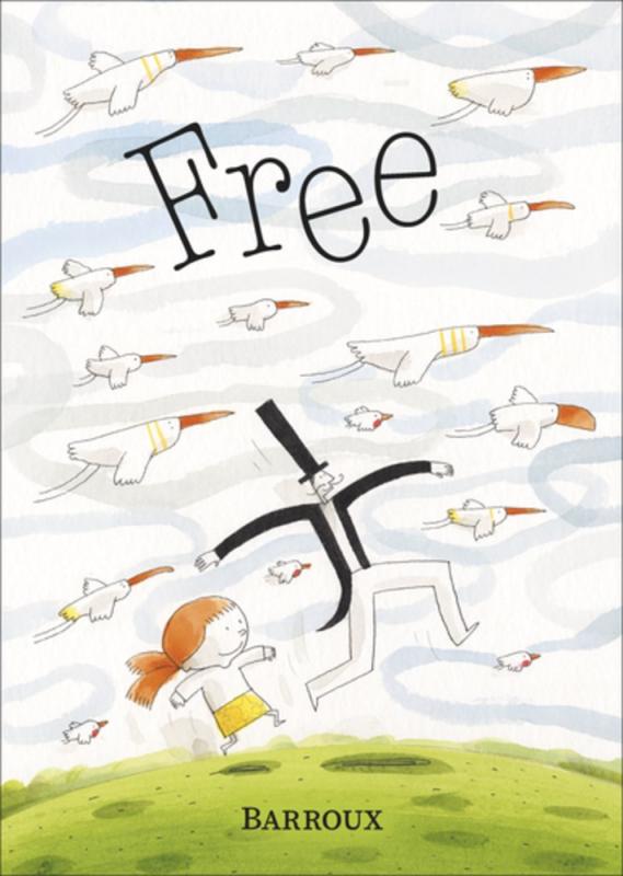 illustrations of two people walking with birds flying above and green grass below