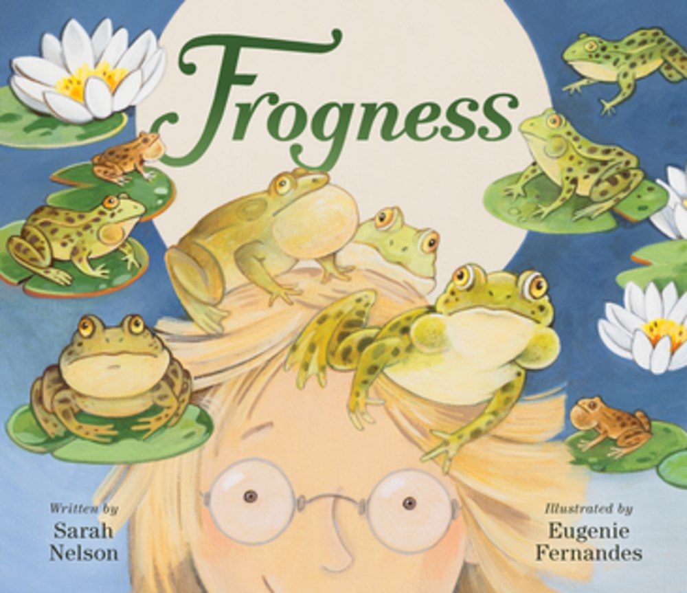 close up of child with glasses with frogs flying all around them