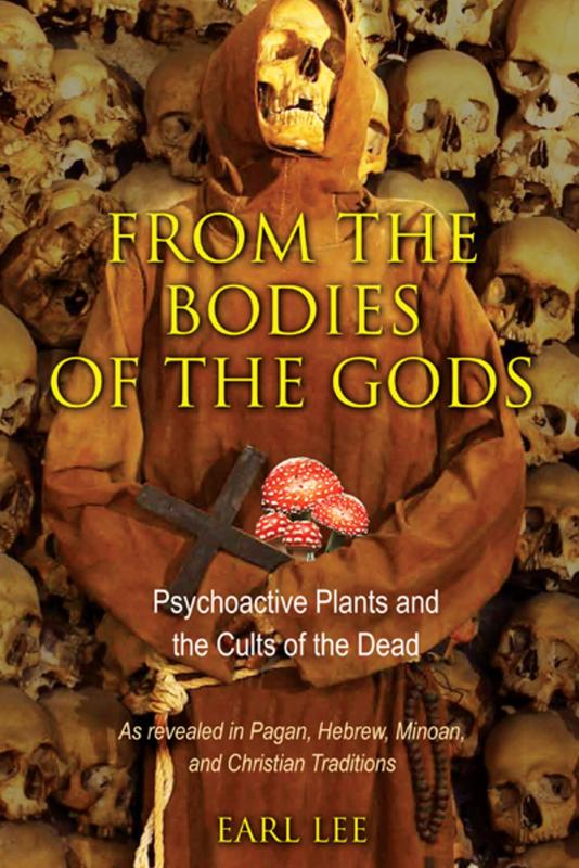 Cover with image of skulls and a skeleton in friar's robes holding a cross and mushrooms.