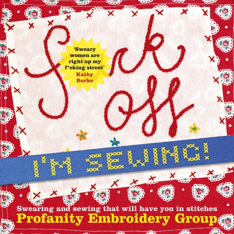 red and white cover with stitch designs with red and yellow text