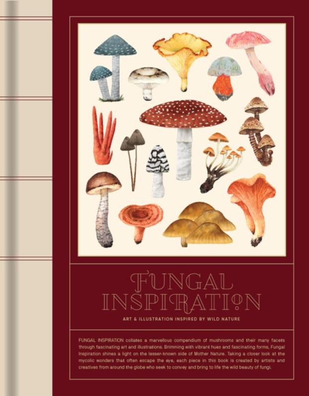 illustrations of various mushrooms on a maroon background
