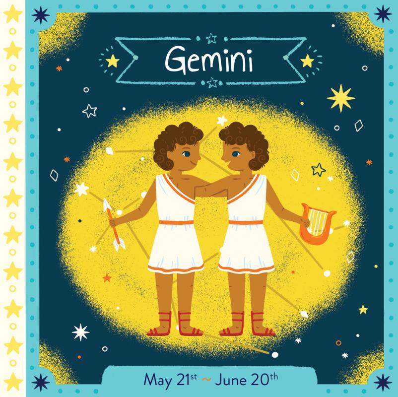 twins holding a harp and an arrow against a constellation