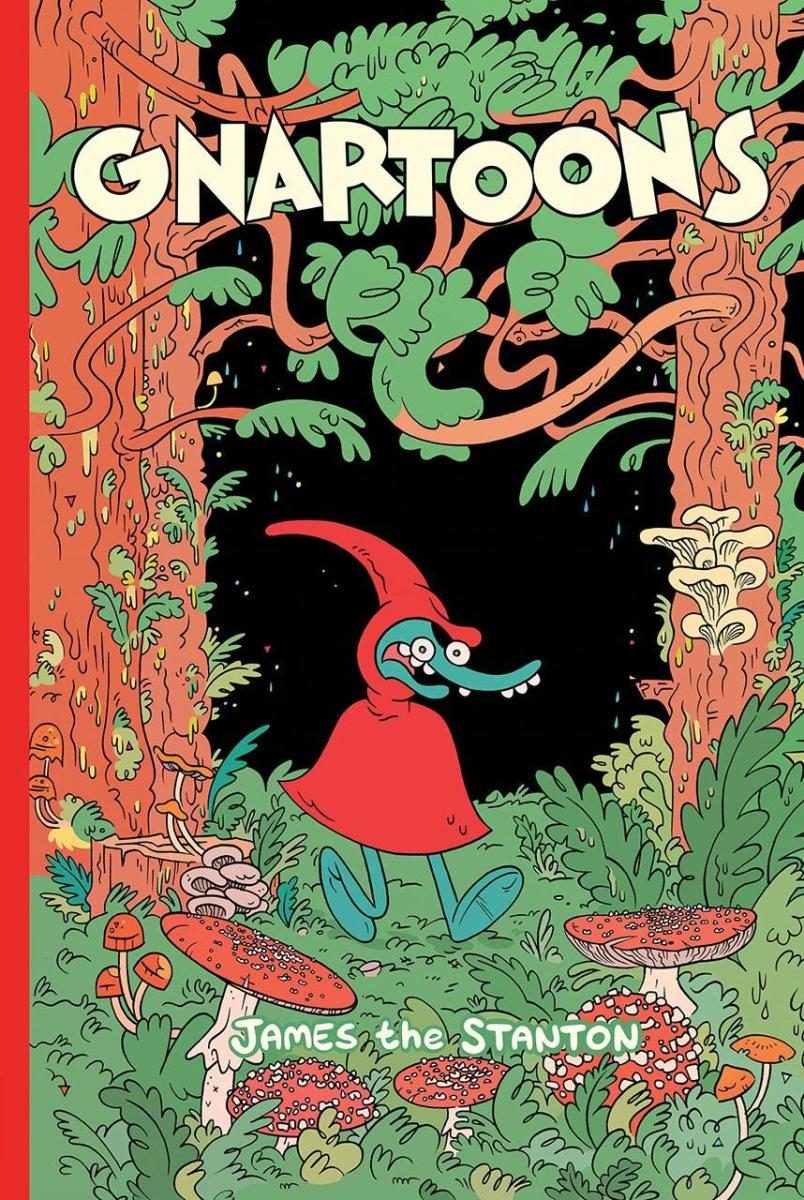 illustration of a character in a red hood in the forest with white text