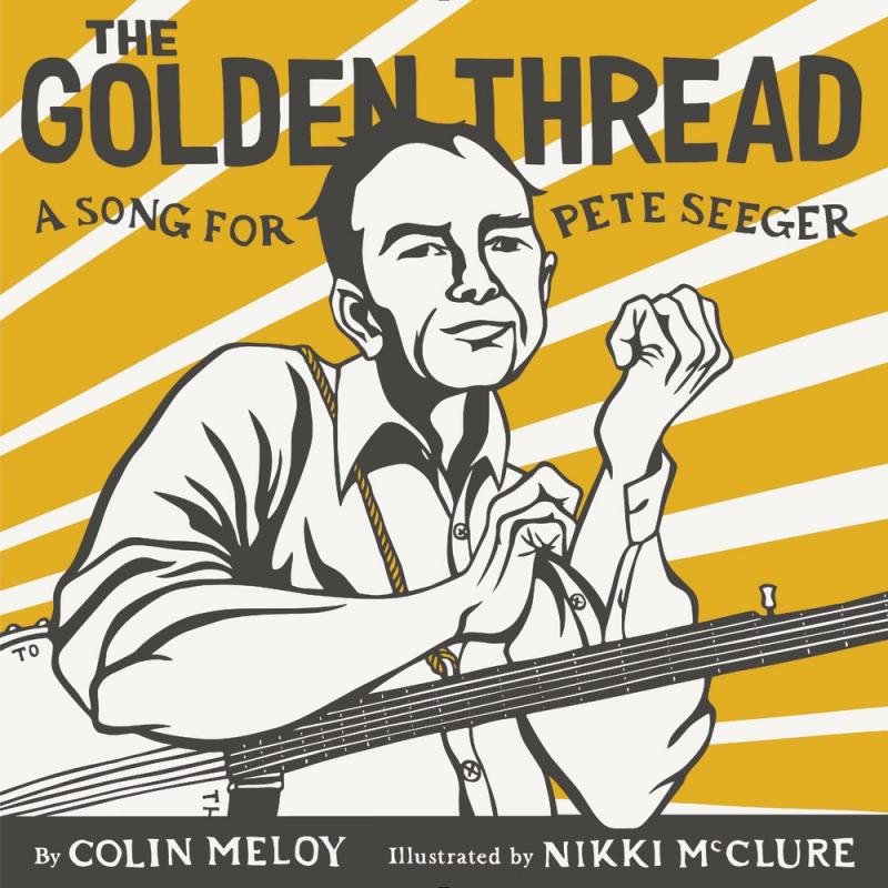an illustrated image of pete seeger holding a banjo and rolling up his sleeves