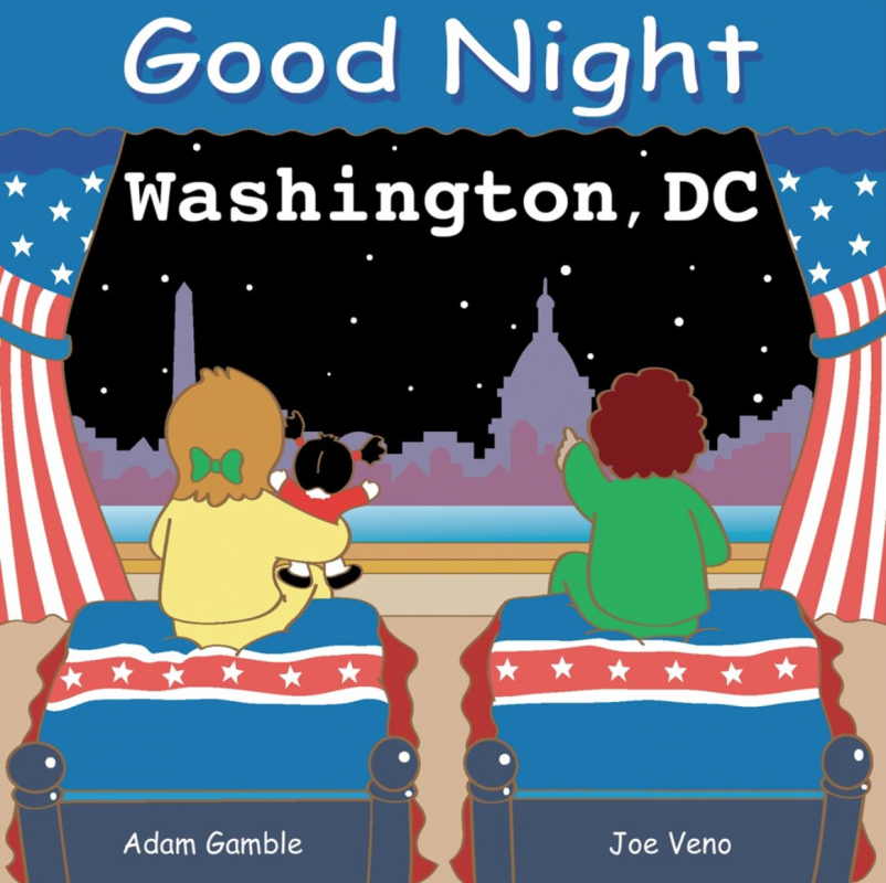 kids look out of a patriotic bedroom over the DC skyline