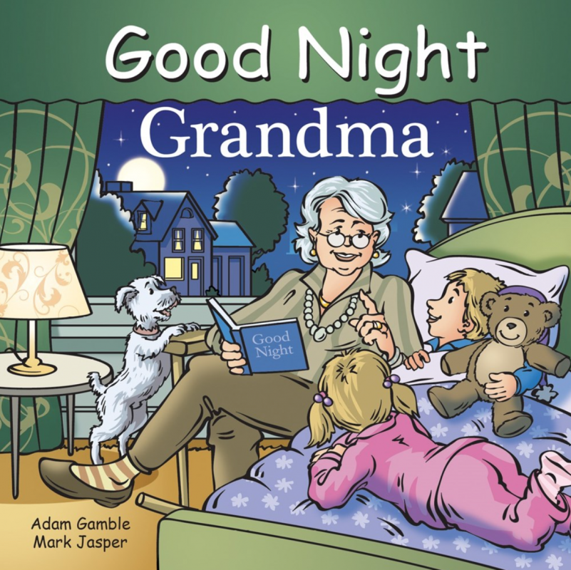 a white lady with white hair reads a bedtime story to two kids