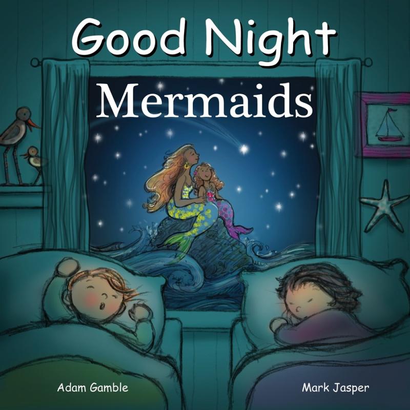Two kids sleep while, outside their window, two mermaids sit on a rock under the stars.
