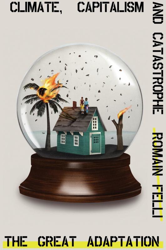 illustration of a snow globe with a house and tree on fire with black text
