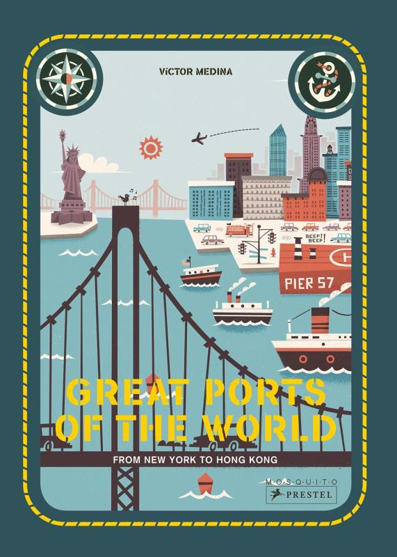 green cover with bridge over water with city in the background with yellow text