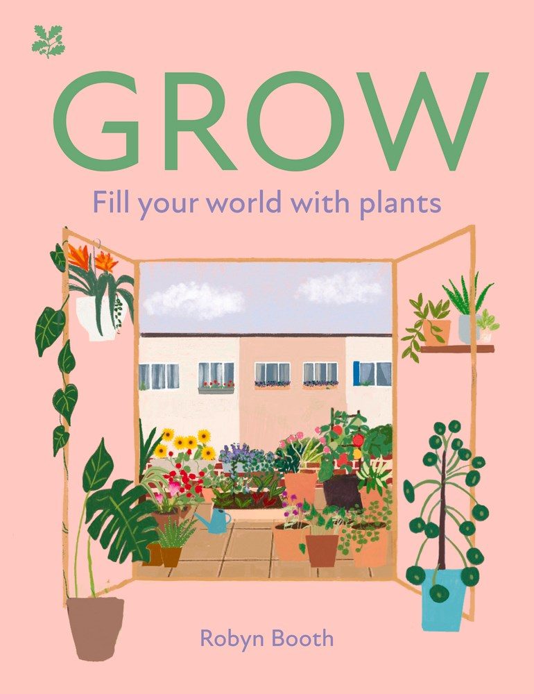 pink cover with green text and illustration of a window with plants