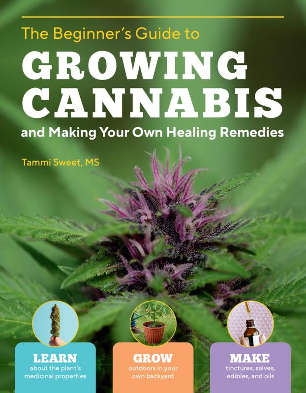 Book cover featuring white block text and close up photograph of a cannabis flower with green foliage filling the background.