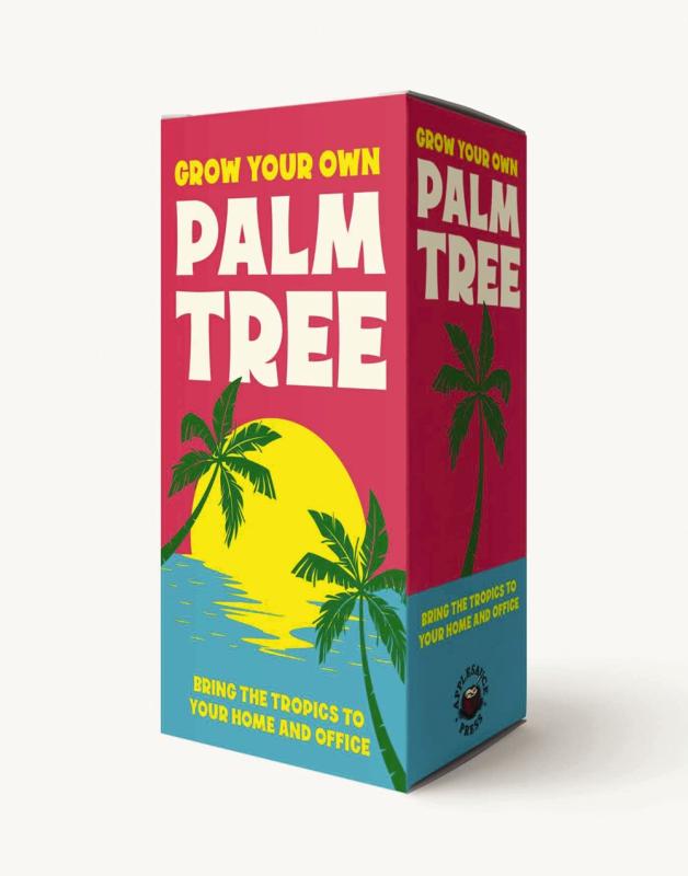 box with red and green cover with sunset and palm trees with yellow and white text