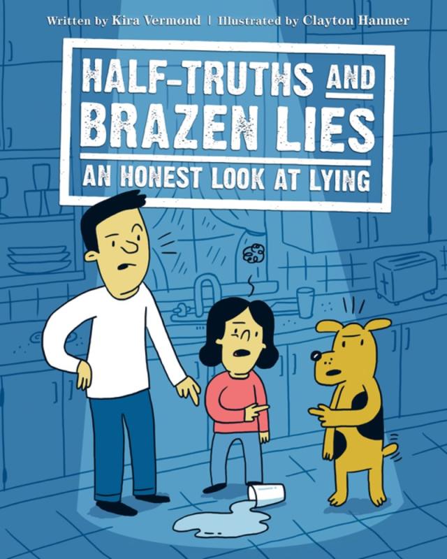 blue cover with an adult talking to a child with dog