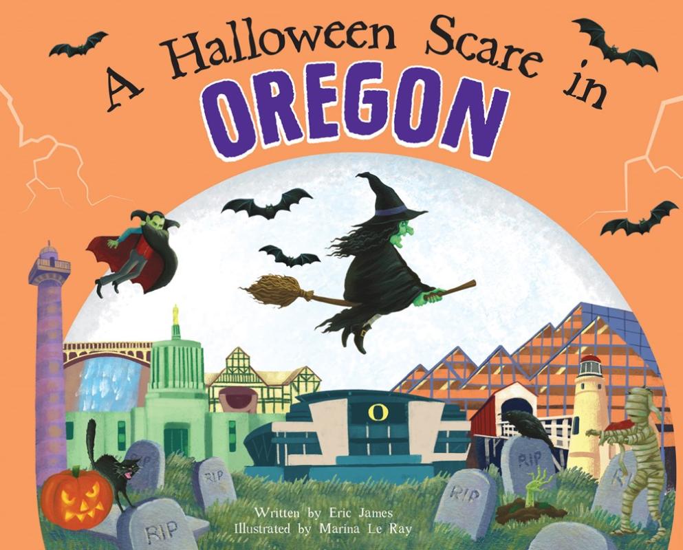 orange cover with illustrated city scape with witch on a broom flying in the sky