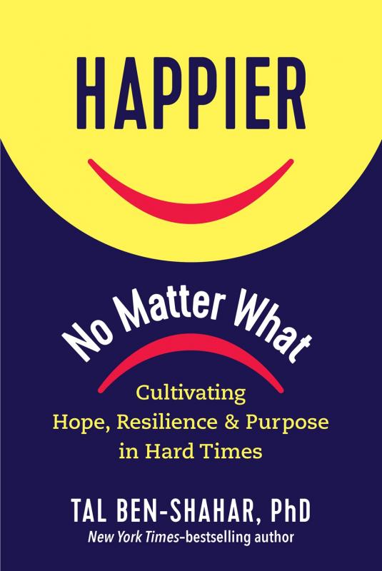 a smiley face with the word 'happier' where the eyes would be and a red smile below. on the bottom half of the cover, an inverted red line below the words 'no matter what' against a blue background.