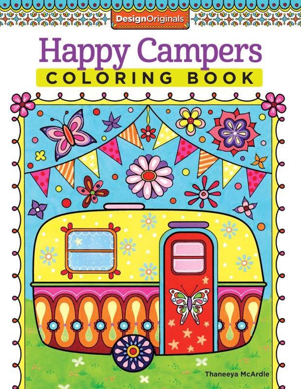 A colorful RV beneath ribbons and butterflies and flowers in the sky.