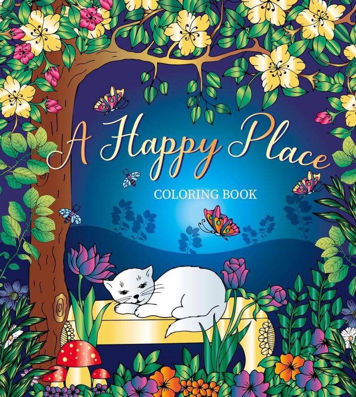 colorful illustration of a white cat in a tree with blue sky