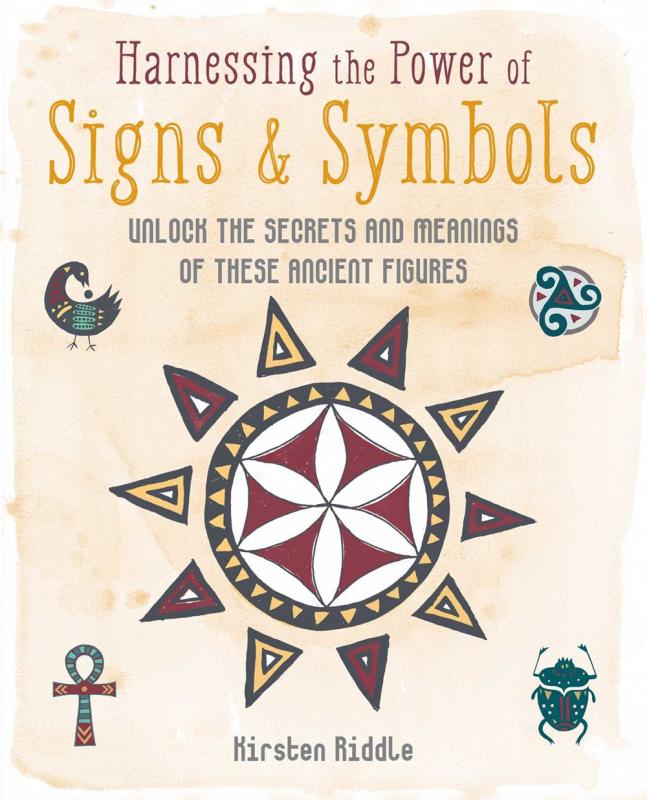 a compass star in the middle of the cover, with an ankh, a celtic symbol, a beetle, and a bird in the corners