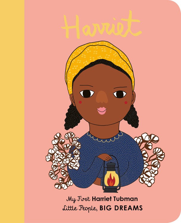 board book -illustration of a young Black girl with a yellow kerchief and braids, holding a lantern and flanked by cotton plants