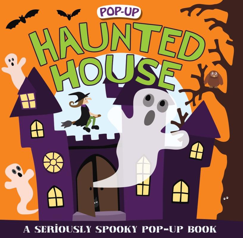 cartoon house and halloween motifs over an orange background