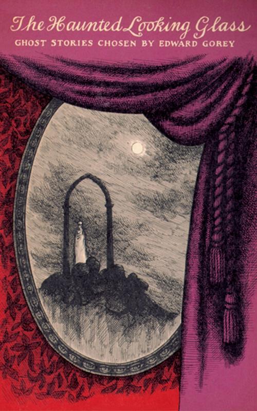 A drawn curtain reveals a mirror or a window into a moonlit scene of an altar or effigy