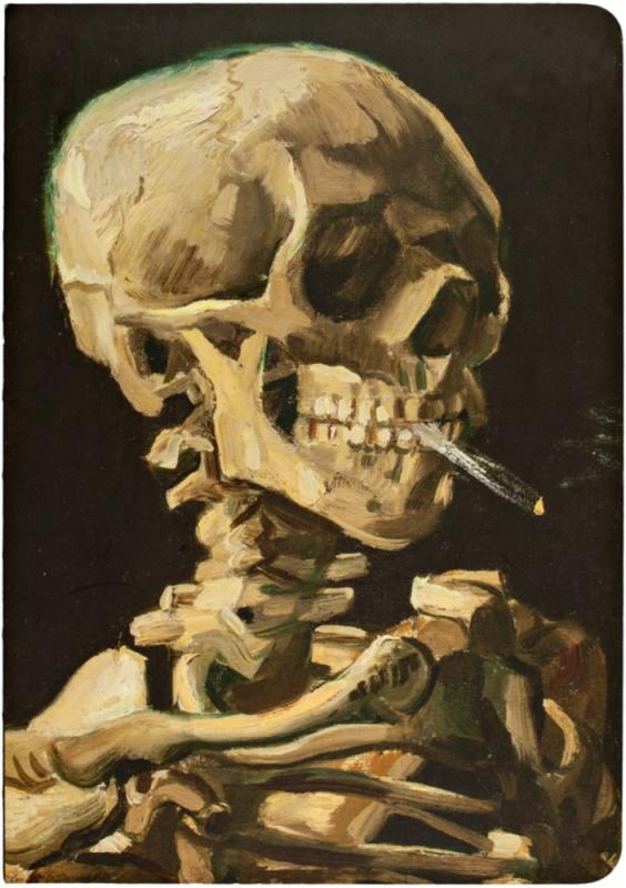 Skull of a Skeleton with Burning Cigarette features the portrait of a skull smoking a cigarette.