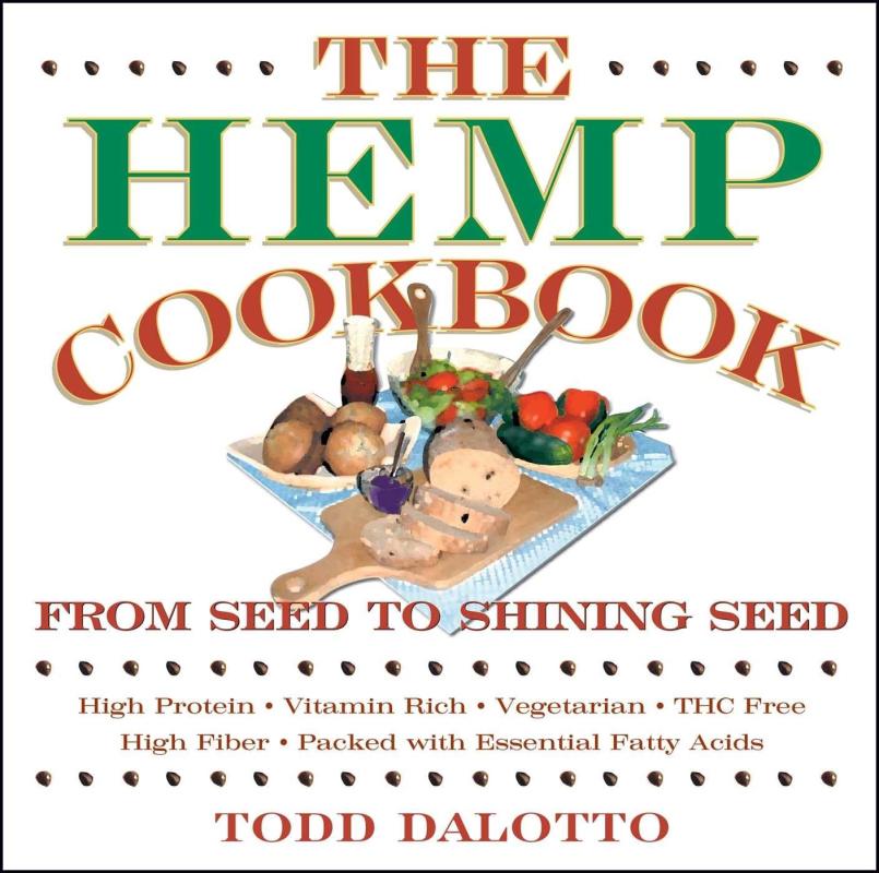 white cover with green and red text with spread of foods