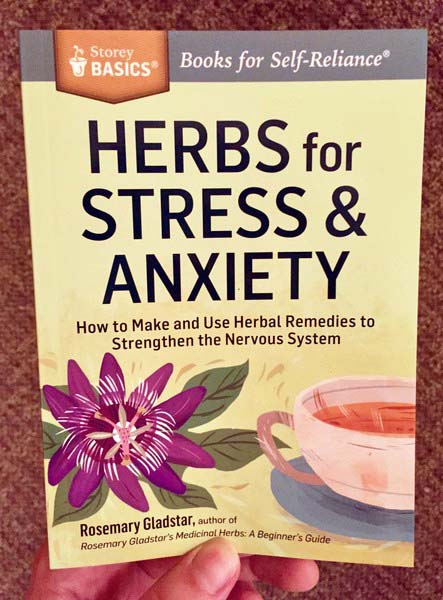 Herbs for Stress & Anxiety by Rosemary Gladstar [A steaming cup of tea and a slightly magnificent purple flower]