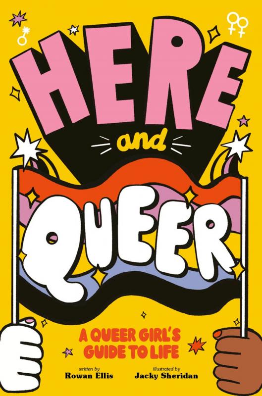 an illustrated white hand and a black hand hold up a rainbow banner with the word queer on it with the rest of the title above