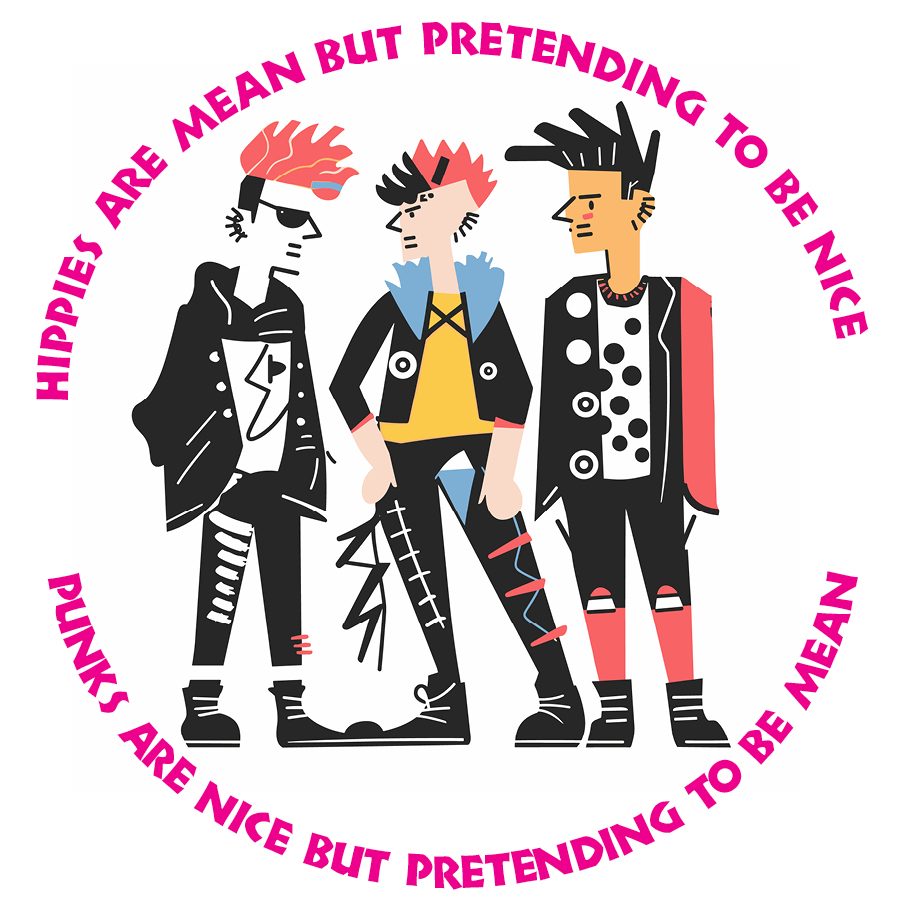 Illustration of three punk rockers with colorful spiky hair, in a circle of pink text.