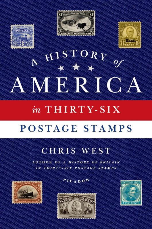 navy blue cover with red and white banner with collage of postage stamps