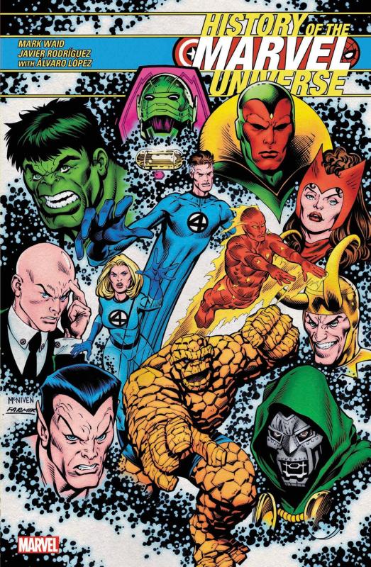 colorful collage of marvel heroes and villains with white text